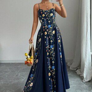 Navy Blue Boho Women's Elegant Sleeveless Long Floral Maxi Dress